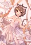  1girl :d ahoge animal animal_ear_fluff animal_ears annin_miru annin_miru_channel bangs bird blonde_hair breasts brown_eyes brown_hair cat_ears cat_girl cat_tail cleavage commentary_request dress dutch_angle eyebrows_visible_through_hair feathers flower flower_wreath head_wreath highres looking_at_viewer maka_neko multicolored_hair open_mouth pink_flower pleated_dress short_hair signature small_breasts smile solo standing strapless strapless_dress streaked_hair tail tail_raised upper_teeth virtual_youtuber white_dress white_feathers white_flower 