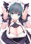  1girl :o aqua_eyes aqua_hair azur_lane bangs black_hair blunt_bangs blush breasts cheshire_(azur_lane) cisyo cleavage commentary_request eyebrows_visible_through_hair hands_up highres large_breasts looking_at_viewer maid_headdress multicolored_hair simple_background solo streaked_hair white_background wrist_cuffs 