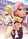  2girls absurdres arena artist_request bikini blonde_hair blue_eyes breasts bridal_gauntlets cleavage cuffs dark_skin earrings elbow_gloves elf fingerless_gloves gloves hairband highres jerez&#039;s_arena jewelry large_breasts long_hair multiple_girls navel official_art open_mouth outdoors pink_hair pointy_ears ponytail shackles sideboob sketch swimsuit thighhighs v-shaped_eyebrows very_long_hair white_bikini 