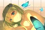  1girl absurdres bangs blue_eyes breasts bug butterfly cleavage closed_mouth collarbone diving_penguin frog_hair_ornament green_hair hair_between_eyes hair_ornament highres insect kochiya_sanae long_hair medium_breasts nude shiny shiny_hair sideboob smile solo touhou upper_body 