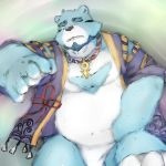  1:1 2020 anthro asian_clothing belly blue_body blue_fur bonasiah clothed clothing east_asian_clothing eyes_closed full_attack fundoshi fur humanoid_hands japanese_clothing kemono laohu male mammal overweight overweight_male solo underwear ursid white_body white_fur 十泉介 