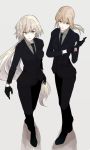  2girls artoria_pendragon_(all) blonde_hair breasts commentary_request eyebrows_visible_through_hair fate/grand_order fate_(series) formal full_body gloves grey_background hair_between_eyes jeanne_d&#039;arc_(alter)_(fate) jeanne_d&#039;arc_(fate)_(all) long_hair long_sleeves looking_at_viewer medium_breasts medium_hair multiple_girls necktie ponytail saber_alter simple_background standing suit takixxxx very_long_hair white_hair yellow_eyes 