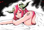  1girl earrings eyebrows_visible_through_hair horns jewelry long_hair lying naked_sheet on_stomach original parted_lips pink_hair purple_eyes shiitake_gensui shoulder_tattoo tattoo under_covers 