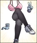  1girl black_border black_legwear boku_no_hero_academia border bottomless bra gloves hagakure_tooru head_out_of_frame highres invisible maggea22 no_panties pink_bra shoes sneakers solo thighhighs underwear v white_footwear white_gloves 