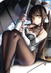  1girl absurdres azur_lane black_hair black_legwear bow breasts brown_eyes car cleavage_cutout dvdraw fingerless_gloves gloves ground_vehicle hair_flaps highres large_breasts logo long_hair looking_at_viewer motor_vehicle multicolored_leotard pantyhose ponytail race_queen sitting solo takao_(azur_lane) takao_(full_throttle_charmer)_(azur_lane) two-tone_leotard umbrella white_bow white_gloves 