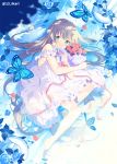  1girl animal bangs bare_shoulders barefoot blue_eyes blue_flower blue_rose blurry blurry_foreground bouquet bug butterfly commentary_request crescent depth_of_field dress eyebrows_visible_through_hair flower from_above full_body grey_hair highres ikari_(aor3507) insect long_hair looking_at_viewer looking_up lying on_side original pink_flower pink_rose rose shallow_water sleeveless sleeveless_dress solo twitter_username very_long_hair water white_dress 