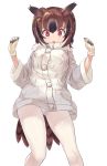  1girl :o bangs bird_tail black_hair breasts brown_hair coat cosplay eurasian_eagle_owl_(kemono_friends) eyebrows_visible_through_hair fur_collar gloves grey_coat hands_up kemono_friends large_breasts looking_down multicolored_coat multicolored_hair northern_white-faced_owl_(kemono_friends) northern_white-faced_owl_(kemono_friends)_(cosplay) panties pantyshot red_eyes short_hair simple_background solo tadano_magu undersized_clothes underwear white_background white_coat white_panties 