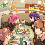  4girls absurdres ahoge bangs blazer blue_eyes blush brand_name_imitation buchi0122 chicken_nuggets closed_eyes closed_mouth commentary_request cup disposable_cup doki_doki_literature_club eyebrows_visible_through_hair fast_food feeding food french_fries green_eyes hair_intakes hair_ornament hair_ribbon hairclip heart highres jacket looking_at_viewer monika_(doki_doki_literature_club) multiple_girls natsuki_(doki_doki_literature_club) open_mouth purple_eyes ribbon sayori_(doki_doki_literature_club) smile sparkle sparkling_eyes yuri_(doki_doki_literature_club) 