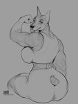 2020 anthro biceps blep bottomwear canid canine canis clothed clothing digital_media_(artwork) dobermann domestic_dog eyebrows female flexing furgonomics grey_background greyscale hi_res looking_at_viewer looking_back mammal midriff monochrome muscular muscular_anthro muscular_female omari pinscher rear_view shirt short_tail shorts simple_background sitting small_tail snout solo tail_clothing tank_top tight_clothing tongue tongue_out topwear tracy_porter 
