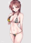  1girl absurdres bikini breasts brown_eyes brown_hair commentary_request cowboy_shot flag_print grey_background highres long_hair martinreaction medium_breasts minna-dietlinde_wilcke print_bikini simple_background solo standing strike_witches swimsuit world_witches_series 