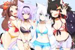  4girls :d ;d ahoge animal_ear_fluff animal_ears aqua_background aqua_bikini aqua_eyes aqua_nails arm_around_shoulder bare_legs bikini black_bikini black_choker black_footwear black_hair black_jacket blush breasts brown_hair cat_ears cat_girl cat_tail choker cleavage closed_mouth commentary copyright_name cowboy_shot dog_ears dog_girl dog_tail eyebrows_visible_through_hair fang flower fox_ears fox_girl fox_tail frilled_bikini frills hair_between_eyes hair_flower hair_ornament hairband hibiscus hololive hololive_gamers hood hooded_jacket hug hug_from_behind inugami_korone jacket jumping lavender_hair leaf_print long_hair looking_at_viewer maple_leaf_print medium_breasts medium_hair midriff multicolored_hair multiple_girls nail_polish navel nejime nekomata_okayu one_eye_closed ookami_mio open_clothes open_jacket open_mouth orange_bikini purple_bikini purple_eyes purple_nails red_choker red_eyes red_hair red_nails sandals shirakami_fubuki short_shorts shorts side-by-side signature simple_background smile streaked_hair swimsuit tail thigh_gap thighs two-tone_hair unbuttoned unzipped virtual_youtuber water_drop waving white_bikini white_hair white_jacket white_shorts wolf_ears wolf_girl wolf_tail yellow_nails 