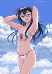  1girl ahoge bikini black_hair blue_sky breasts cloud commentary_request cowboy_shot front-tie_top green_eyes hairband highres kantai_collection long_hair looking_at_viewer ooyodo_(kantai_collection) sky small_breasts solo swimsuit twitter_username urushizawa_takayuki white_bikini 