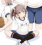  1girl arm_behind_head arms_up bangs basketball black_legwear blue_shorts blush brown_eyes brown_hair closed_mouth commentary_request crossed_ankles eyebrows_visible_through_hair fujisaka_lyric gym_shirt gym_shorts gym_uniform hair_between_eyes hair_ornament hair_scrunchie kneehighs loafers name_tag one_side_up original pink_scrunchie scrunchie shadow shirt shoes short_shorts shorts sitting standing steaming_body stretch sweat white_background white_footwear white_shirt 