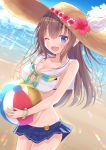  1girl absurdres ball beach beachball blush breasts cleavage commentary_request flower hat highres hololive kugatsu_tooka large_breasts long_hair ocean one_eye_closed purple_eyes sky solo sparkle straw_hat swimsuit tokino_sora virtual_youtuber 