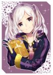  1girl absurdres bangs black_gloves closed_mouth collarbone cropped_torso fire_emblem fire_emblem_awakening gloves grey_eyes head_tilt highres holding long_hair looking_at_viewer purple_background robin_(fire_emblem) robin_(fire_emblem)_(female) silver_hair smile solo swept_bangs tida_2112 twintails 