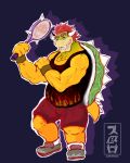  4:5 anonymous_artist anthro bottomwear bowser clothed clothing english_text eyebrows eyes_closed flexing footwear fully_clothed grin hair hi_res horn japanese_text koopa legwear male mario_bros mario_tennis_aces mouth_closed muscle_shirt muscular muscular_anthro muscular_male nintendo red_hair reptile scalie shell shoes shorts smile socks solo spiked_shell spikes teeth tennis tennis_outfit tennis_racket text thick_eyebrows video_games 