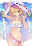  1girl alice_margatroid arm_up bare_arms beach bikini blonde_hair blue_sky breasts brown_eyes cleavage commentary_request cowboy_shot day doll flower hairband hat hat_flower highres lolita_hairband looking_at_viewer medium_breasts medium_hair navel ocean one_eye_closed puuakachan red_flower red_hairband red_rose rose see-through shanghai_doll sky solo stomach string sun_hat swimsuit thigh_gap touhou white_bikini white_headwear 