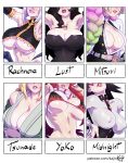  6+girls armpits arms_up bikini bikini_top black_dress black_hair blonde_hair boku_no_hero_academia breastless_clothes breasts broken_handcuffs character_name chest_tattoo cleavage covered_nipples cuffs domino_mask dress flame_print fullmetal_alchemist gradient_hair green_hair head_out_of_frame highres insect_girl kajin_(kajinman) kanroji_mitsuri kimetsu_no_yaiba large_breasts lust mask midnight_(boku_no_hero_academia) monster_musume_no_iru_nichijou multicolored_hair multiple_girls naruto_(series) no_bra parted_lips pink_hair rachnera_arachnera red_hair sharp_teeth silver_hair six_fanarts_challenge skin_tight spider_girl swimsuit tattoo teeth tengen_toppa_gurren_lagann tsunade underboob upper_body yoko_littner 