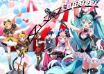  2boys 4girls animal_ears arami_o_8 balloon bangs blonde_hair blue_eyes blue_hair bow bowtie brown_eyes brown_hair circus claw_pose commentary cube diamond_(shape) dress facial_tattoo frilled_dress frills fur-trimmed_jacket fur_trim gloves hair_bow hair_ornament hairclip hat hatsune_miku high_heels holding holding_knife holding_wand holding_whip jacket kagamine_len kagamine_rin kaito kneehighs knife leaning_forward lion_ears lion_tail long_hair looking_at_viewer magical_mirai_(vocaloid) megurine_luka meiko microphone microphone_wand mini_hat mini_top_hat mismatched_legwear multiple_boys multiple_girls neck_ruff open_mouth outstretched_arms pantyhose pink_bow pink_hair pleated_skirt short_hair skirt skirt_hold smile spiked_hair standing string_of_flags striped striped_legwear swept_bangs symbol_commentary tail tattoo tent thighhighs top_hat twintails very_long_hair vest vocaloid wand whip white_bow white_gloves white_skirt yellow_vest zettai_ryouiki 