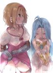  2girls ahoge bangs bare_shoulders blonde_hair blue_hair blush breasts brown_eyes closed_eyes collarbone djeeta_(granblue_fantasy) dress eyebrows_visible_through_hair gloves granblue_fantasy hairband ichijou_(kr_neru0) long_hair lyria_(granblue_fantasy) medium_breasts multiple_girls nipples no_bra open_mouth panties pantyshot pink_panties see-through short_hair simple_background thighhighs underwear very_long_hair wet wet_clothes white_background white_dress wringing_clothes 