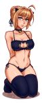  1girl ? ahoge animal_ears arms_behind_back artoria_pendragon_(all) bell bell_choker black_bra black_legwear black_panties bra breasts cat_cutout cat_ear_panties cat_ears cat_lingerie choker cleavage cleavage_cutout collarbone fake_animal_ears fate/stay_night fate_(series) frilled_bra frills full_body green_eyes hair_bun hair_intakes highres iahfy jingle_bell kneeling medium_breasts meme_attire navel panties paw_print saber short_hair side-tie_panties simple_background solo stomach thighhighs underwear underwear_only white_background 