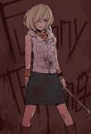  1girl bare_shoulders blonde_hair blood blood_on_face blood_splatter bloody_clothes bloody_weapon blue_eyes boots brown_footwear green_skirt hair_over_one_eye heather_mason highres holding holding_weapon jacket kawayabug knee_boots lead_pipe orange_shirt pocket shirt short_hair silent_hill_3 skirt sleeveless sleeveless_jacket sleeveless_turtleneck solo standing turtleneck watch weapon white_jacket wristband wristwatch zipper 