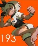  1girl barefoot black_bodysuit black_hairband blue_eyes bodysuit bodysuit_under_clothes clenched_hands collared_shirt commentary dynamax_band eyelashes feet gloves grey_hair gym_leader hairband highres knee_pads looking_at_viewer mohazzing number orange_background pokemon pokemon_(game) pokemon_swsh print_shirt saitou_(pokemon) shirt short_hair short_sleeves shorts single_glove soles solo tied_shirt toes 