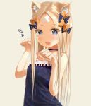  1girl :d abigail_williams_(fate/grand_order) alternate_costume animal_ear_fluff animal_ears bangs bare_arms bare_shoulders black_bow black_choker black_dress blonde_hair blue_eyes blush bow breasts cat_ears choker commentary_request crossed_bandaids dress eyebrows_visible_through_hair fate/grand_order fate_(series) grey_background hair_bow hands_up kemonomimi_mode long_hair open_mouth orange_bow parted_bangs paw_pose polka_dot polka_dot_bow sakazakinchan simple_background sleeveless sleeveless_dress small_breasts smile solo translation_request very_long_hair 