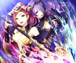  2girls :d black_cape braid breasts camilla_(fire_emblem) cape character_request cleavage diadem fire_emblem fire_emblem_fates floating_hair hair_over_one_eye high_ponytail holding_polearm long_hair medium_breasts multiple_girls open_mouth poleaxe purple_eyes purple_hair red_hair shiny shiny_hair smile standing tida_2112 very_long_hair 