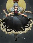  1girl black_footwear black_headwear blue_dress breasts character_name commentary_request dress floating full_body full_moon grey_background grey_legwear hat highres kamishirasawa_keine long_hair looking_at_viewer mashuu_masaki medium_breasts moon outstretched_arms puffy_short_sleeves puffy_sleeves red_neckwear scroll shirt shoes short_sleeves smile solo spread_arms star_(symbol) touhou white_shirt 