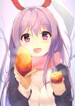 1girl :d absurdres animal_ears bangs black_cardigan blurry blurry_background blush breasts breasts_apart bunny_ears cardigan diving_penguin eyebrows_visible_through_hair food hair_between_eyes highres holding holding_food large_breasts long_hair long_sleeves looking_at_viewer open_cardigan open_clothes open_mouth pink_eyes pink_scarf purple_hair reisen_udongein_inaba scarf shiny shiny_hair smile solo straight_hair sweater touhou upper_body very_long_hair white_sweater 