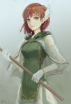  1girl absurdres brown_hair capelet closed_mouth elbow_gloves fire_emblem fire_emblem:_the_blazing_blade gloves green_eyes grey_background hair_over_one_eye highres holding holding_staff hood hood_down priscilla_(fire_emblem) samohichi see-through shiny shiny_hair short_hair simple_background skirt smile solo staff standing white_capelet white_gloves white_skirt 
