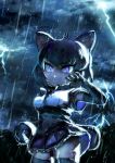  1girl animal_ears bangs black_hair black_jaguar_(kemono_friends) bow bowtie center_frills chibi closed_mouth cloud cloudy_sky cowboy_shot elbow_gloves eyebrows_visible_through_hair fuji_takanasu fur_collar gloves glowing glowing_eyes hand_up highres jaguar_ears jaguar_girl jaguar_print jaguar_tail kemono_friends lightning looking_at_viewer medium_hair microskirt outdoors purple_eyes rain serious shirt short_sleeves skirt sky solo storm tail thighhighs wet wet_clothes wet_face zettai_ryouiki 