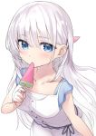  1girl bangs blue_eyes blush breasts collarbone dress eyebrows_visible_through_hair food hair_between_eyes holding holding_food ichijou_(kr_neru0) long_hair naruse_shiroha popsicle silver_hair simple_background sleeveless sleeveless_dress small_breasts solo summer_pockets very_long_hair watermelon_bar white_background white_dress 