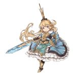  1girl armor blonde_hair blue_eyes charlotta_fenia closed_mouth crown full_body granblue_fantasy harvin holding holding_sword holding_weapon ivris long_hair pointy_ears shield simple_background solo standing sword weapon white_background 