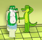  alligator alligatorid anonymous_artist anthro bathroom cregon crocodile crocodilian crocodylid duo flush flushing hand_behind_head looking_down male nude reptile scalie smile toilet toilet_vore unamused 