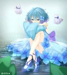  1girl absurdres blue_dress blue_eyes blue_footwear blue_hair blurry_foreground bow crossed_arms day dress flower hair_ornament highres hydrangea knees_up leg_hug original outdoors personification purple_bow rain seafer06 short_hair sitting teruterubouzu twitter_username wide_sleeves 