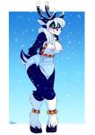  anthro antlers bell blue_body blue_fur blush border breasts capreoline cervid diaper female fur green_eyes hi_res hooves horn jingle_bell jingle_bell_harness looking_at_viewer mammal nipples reindeer snow snowing solo standing strawberryneko taki white_body white_border white_fur 