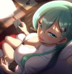  1girl aqua_eyes blouse breasts brown_skirt buttons cellphone cleavage eyebrows_visible_through_hair green_hair hair_between_eyes hair_ornament hairclip holding holding_phone kantai_collection large_breasts long_hair maku_ro open_mouth phone pleated_skirt skirt smartphone smile solo_focus suzuya_(kantai_collection) white_blouse 