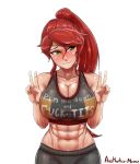  1girl abs aestheticc-meme artist_name bare_shoulders blush breasts circlet cleavage collarbone commentary embarrassed english_commentary english_text eyebrows_visible_through_hair fuck-me_shirt green_eyes hair_between_eyes highres large_breasts long_hair looking_to_the_side meme_attire navel ponytail pyrrha_nikos red_hair rwby simple_background sleeveless smile solo sports_bra standing sweat upper_body v watermark white_background 
