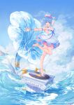  1girl :d animal arm_strap armpits atdan bare_legs bare_shoulders bird blue_eyes blue_hair blue_theme breasts cleavage cloud dress haiyi hat high_heels highres jellyfish large_breasts leg_up looking_at_viewer medium_hair open_mouth outstretched_arms phonograph short_dress sky sleeveless sleeveless_dress smile solo standing standing_on_one_leg synthesizer_v water white_dress wrist_cuffs 