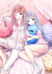  2girls atelier_(series) atelier_lulua bangs blue_eyes blunt_bangs brown_hair commentary_request elmerulia_fryxell green_eyes grey_hair highres kishida_mel long_hair looking_at_viewer mother&#039;s_day mother_and_daughter multiple_girls on_bed one_eye_closed pajamas pillow puni_(atelier) rororina_fryxell short_shorts short_sleeves shorts socks stuffed_animal stuffed_toy v white_legwear 