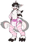  2017 4_toes 5_fingers anthro betabrothers claws clothing diaper fangs fingers fur grey_body grey_fur legwear looking_at_viewer male navel open_mouth pattern_armwear pattern_clothing pattern_legwear pink_stripes reaching_forward sergal simple_background solo standing striped_armwear striped_clothing striped_leggings striped_legwear stripes toes tongue white_background white_body white_fur 