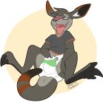  2018 3_toes anthro claws clothing diaper eyewear fangs forza_(progasus) fur furgonomics glasses green_eyes grey_body grey_fur hand_in_diaper hi_res kangaroo kay looking_pleasured macropod male mammal marsupial masturbation open_mouth shirt sitting solo toe_claws toes tongue tongue_out topwear 