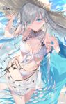  1girl anastasia_(fate/grand_order) bangs beach bikini blue_sky blush breasts fate/grand_order fate_(series) hat kousaki_rui long_hair looking_at_viewer medium_breasts navel open_mouth sarong signature silver_hair sky straw_hat swimsuit thighs very_long_hair white_bikini 