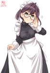  1girl adjusting_eyewear alternate_costume apron artist_logo black_dress black_hair blue-framed_eyewear commentary_request cowboy_shot dated dress enmaided frilled_apron frills glasses green_eyes highres kanon_(kurogane_knights) kantai_collection looking_at_viewer maid maid_headdress multicolored_hair okinami_(kantai_collection) pink_hair short_hair simple_background skirt_hold solo turtleneck white_apron white_background 
