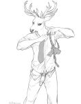  2020 5_fingers anthro antlers cervid clothed clothing digital_media_(artwork) fingers genitals gun hi_res holstered_pistol horn male mammal monochrome penis ranged_weapon rukis solo weapon 