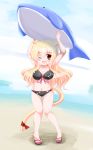  1girl ;d animal_ear_fluff animal_ears armpits arms_up ass_visible_through_thighs bangs bare_arms bare_shoulders beach bikini black_bikini black_footwear blonde_hair blush breasts cat_ears cat_girl cat_tail cleavage commentary_request eyebrows_visible_through_hair fang front-tie_bikini front-tie_top hair_between_eyes highres holding inflatable_toy inflatable_whale kanijiru large_breasts long_hair navel one_eye_closed open_mouth original red_eyes red_ribbon ribbon sand sandals smile solo standing swimsuit tail tail_ribbon thigh_gap very_long_hair 