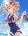  1girl bag blonde_hair blue_eyes blue_swimsuit cagliostro_(granblue_fantasy) commentary_request day eyewear_on_head garter_straps granblue_fantasy hair_ornament holding holding_bag ivris long_hair open_mouth outdoors ponytail signature solo sunglasses sunlight swimsuit water water_drop 
