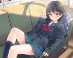  aqua_eyes bow couch kneehighs original school_uniform skirt unasaka_ryou 
